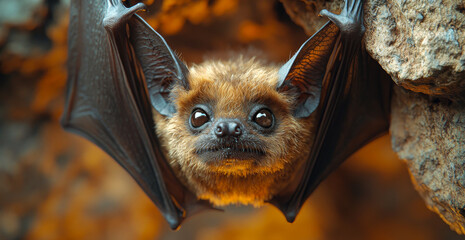 Obraz premium Cute bat hanging upside down on a rocky surface. A small, adorable bat hangs upside down from a rocky surface, showcasing its large eyes and fluffy fur in warm lighting.