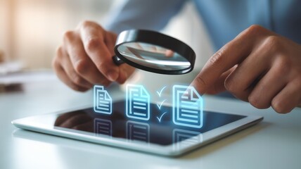A person inspecting digital documents on a tablet using a magnifying glass, highlighting attention to detail in a modern business environment.