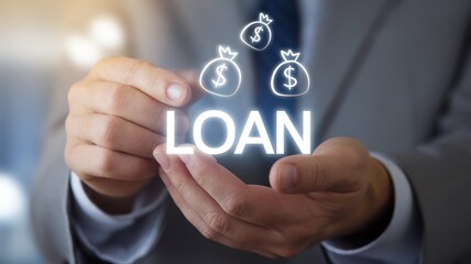 Fototapeta premium A professional holding the word 'LOAN' with symbols of money, representing financial services and lending solutions in a modern business context.