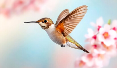 Fototapeta premium Hummingbird by pink spring flowers. A vibrant hummingbird flits gracefully around beautiful pink blossoms, capturing the essence of spring's natural beauty.