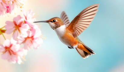 Hummingbird by pink spring flowers. A vibrant hummingbird flits gracefully around blooming pink flowers, showcasing its agility against a soft, colorful backdrop.