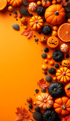 Colorful autumn harvest with pumpkins and oranges. A vibrant collection of pumpkins, gourds, and oranges sprawls across an orange background, celebrating the spirit of autumn.