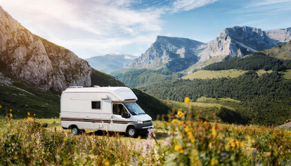 A camper van parked amidst wildflowers in a scenic mountain landscape during a sunny day