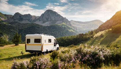 A cozy camper parked amidst a stunning mountain landscape under a clear sky during golden hour
