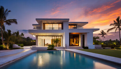 Modern luxury villa with stunning sunset views, expansive pool, and tropical landscaping in a serene coastal location