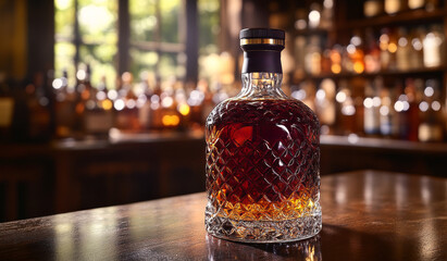 Daytime whiskey decanter on bar counter. A beautifully crafted decanter filled with rich whiskey stands on a polished bar counter, illuminated by soft daylight.