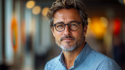 Fototapeta premium Man in casual wear smiling indoors. A confident man with glasses stands in a cozy indoor setting, smiling warmly against a backdrop of soft, blurred lights.