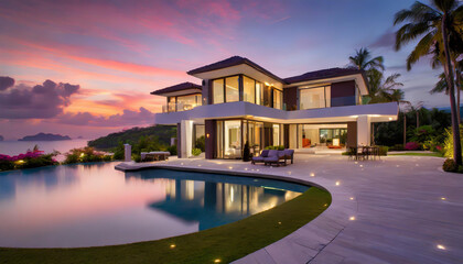 Luxury villa by the ocean with stunning sunset views and a serene pool, located in a tropical paradise