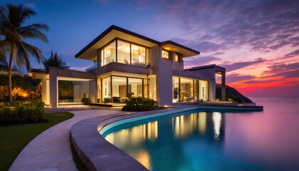Luxurious modern villa by the seaside with a stunning sunset view and well-lit pool area during twilight