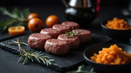 Aesthetic preparation of raw turkey sausages on a black themed kitchen. bokeh style.