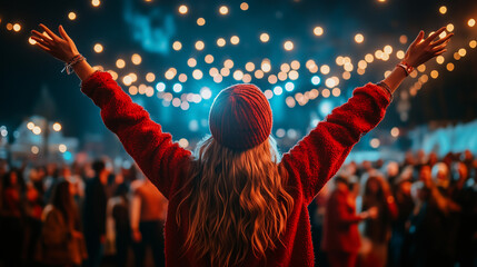 fun woman with her arms open at an outdoor winter party, highlighting warm lights and a positive attitude