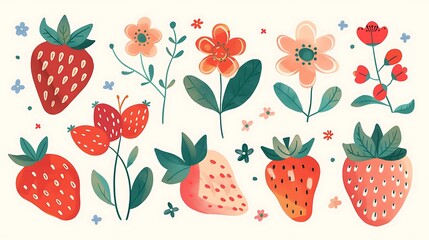 Berries set on abstract background. Cherry, raspberry, blueberry, blackberry, strawberry and other berry taste. Fresh summer juicy berry. Flat Vector illustration