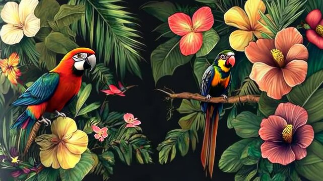 Two parrots rest in a lush tropical jungle, surrounded by vibrant flowers