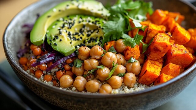 Vegetarian Buddha bowl with quinoa, avocado, chickpeas, and roasted sweet potato