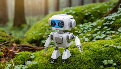 A small robot explores a lush green forest, surrounded by moss and trees during the golden hour of late afternoon