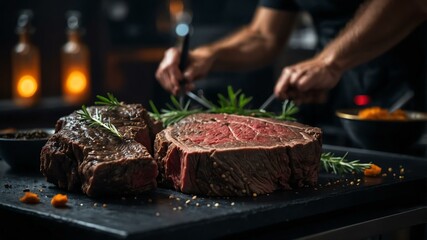 Aesthetic preparation of raw bison on a black themed kitchen. bokeh style.