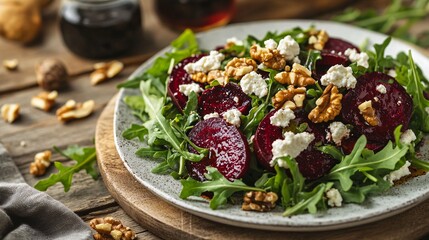 Warm roasted beet salad with goat cheese, walnuts, and arugula, drizzled with balsamic reduction