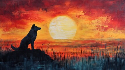 A lone wolf silhouette sits on a rock overlooking a fiery sunset.