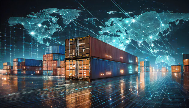 Digital representation of shipping containers and a connected world map reflecting modern logistics and trade dynamics