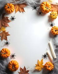 Halloween Background with Mini Pumpkins, Spiders, Autumn Leaves, Candles, and Webbing on White