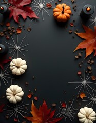 Halloween Flat Lay with Mini Pumpkins, Autumn Leaves, and Decorative Spider Webs on Dark Background