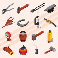 Isometric icons of different types of metals and their uses.
