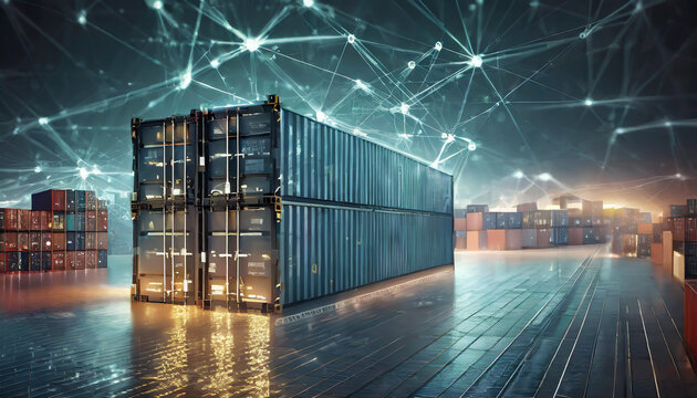 Modern shipping containers illuminated in a high-tech port with a digital network overlay at night