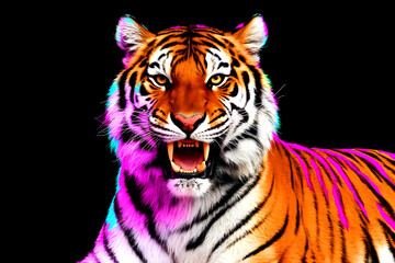 Fototapeta premium Portrait of tiger neon colors on a black background. 