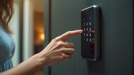 Closeup of a woman's finger entering password code on the smart phone and digital touch screen keypad entry door lock in front of a hotel room or AI apartment, modern security, Smart device concept
