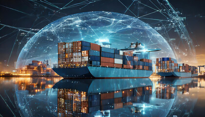 Container ships anchored in harbor with digital network connections at dusk showcasing modern shipping technology