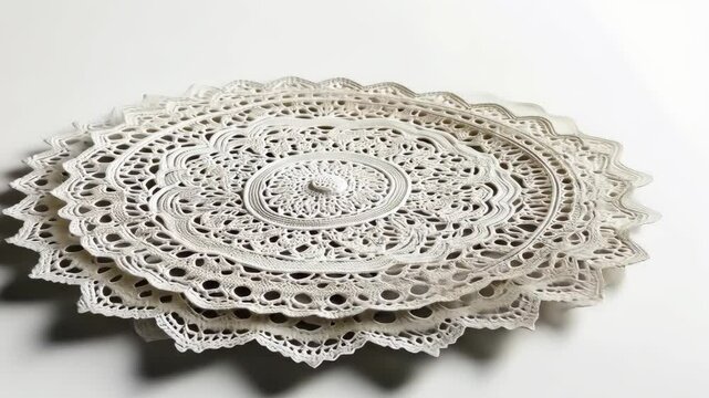 A close-up of three intricate white doilies layered on top of each other, showcasing their delicate patterns and intricate details