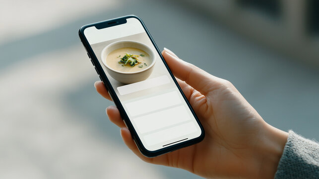 A hand holding a phone displaying a soup menu, a clean and clear app design.