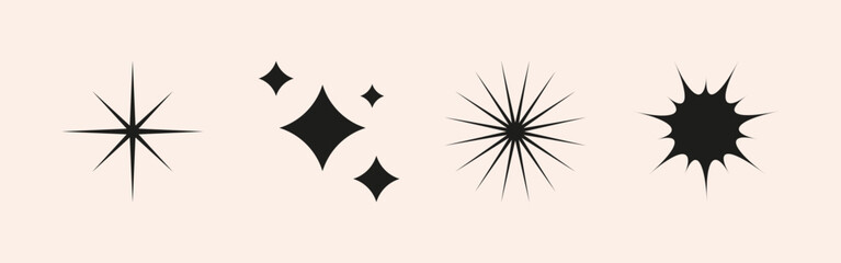 Set of shiny sun, star, sparkle shapes. Abstract vector glow, explosion and blink effects for celebrate party design. Twinkle glitter and flash graphic elements. Isolated illustrations.