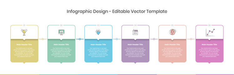 six step Infographics Design Template, Chart diagram, Graph, Pie chart, workflow layout, squire diagram, report, presentation design Editable Vector illustration, Process diagram in white background