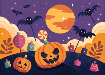 Fototapeta premium Halloween purple background with pumpkins, bats, moonlight. halloween background for party invitation, banner, postcard. Flat illustration of Child's Halloween style wallpaper, decoration