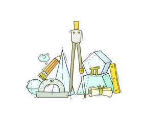 Obraz premium Math and geometry education in school. Geometric figures, ruler, compass, pencil and protractor. Cute doodle stationery objects, cone and sphere, vector hand drawn illustration