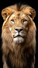 Fototapeta premium Lion face close-up on black background with lion head shadow