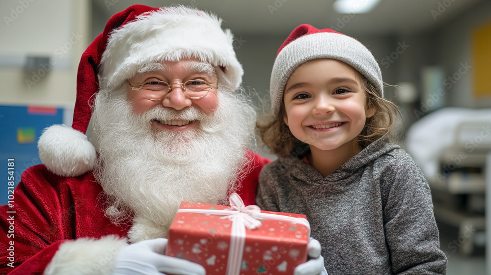 Wall mural girl in hospital sitting on bed and meet santa claus. christmas time.