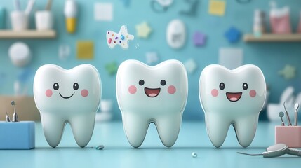 Obraz premium Three cartoon teeth with happy faces stand in a row against a blue background with a toothbrush flying above them.
