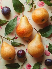 Obraz premium Pears and two plums on a floral tablecloth