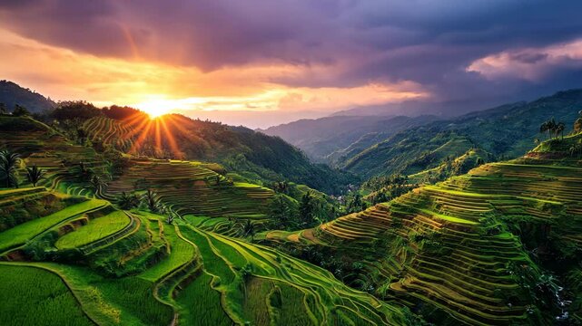 The sun sets over lush green rice terraces in a valley