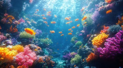 Vibrant coral reef with colorful fish swimming through the water.