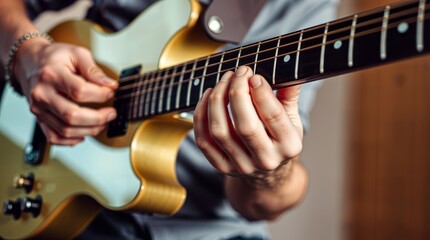 Fototapeta premium Captivating performance of a guitarist playing a melodic tune at a vibrant music venue during a lively evening show