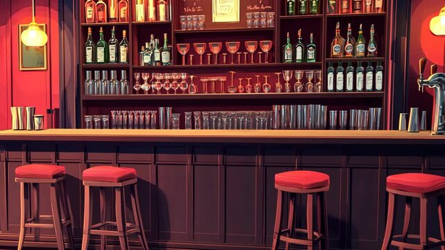 An empty bar with red seats, a wooden counter, and a well-stocked shelf behind it