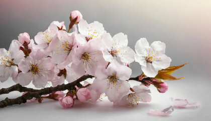 Delicate cherry blossom branches displaying beautiful pink flowers against a soft gray background in early springtime