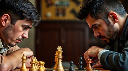 Intense chess battle between two generations in a quiet room on a rainy afternoon