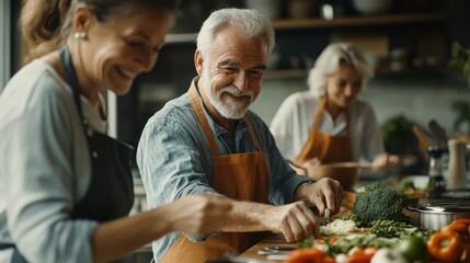 Three senior friends are preparing a meal together in the kitchen, smiling and laughing as they chop vegetables.