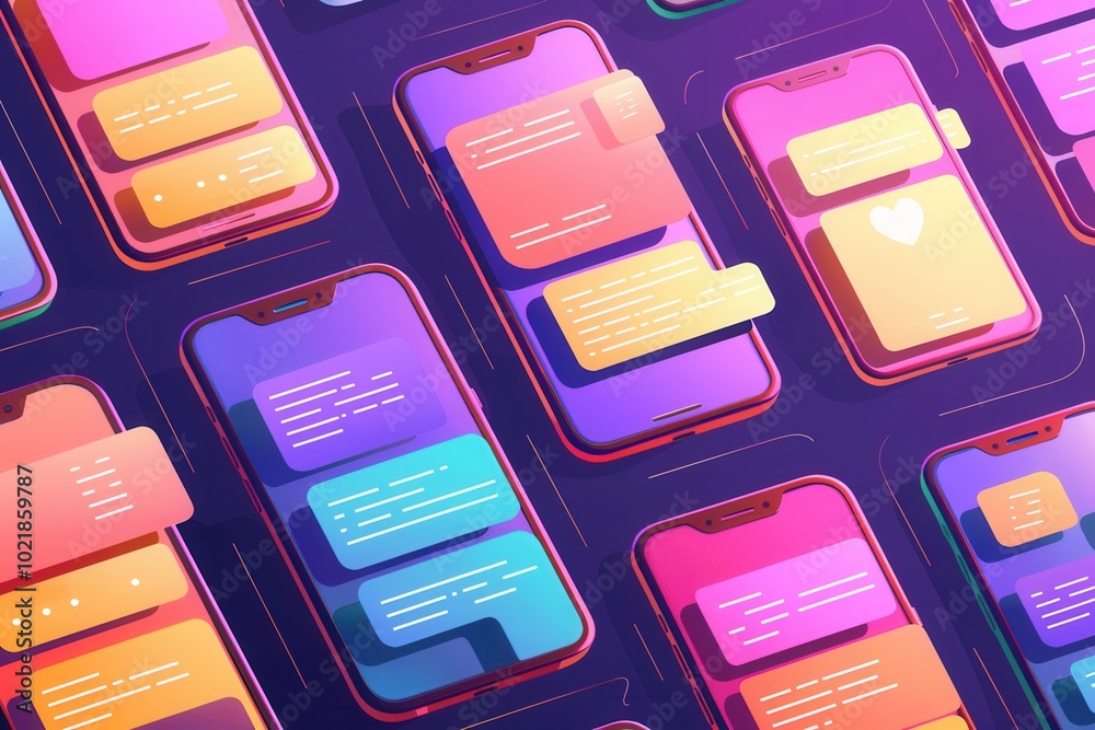 Leinwandbilder a collection of smartphones lit up with colorful stories and engaging short clips during an evening 