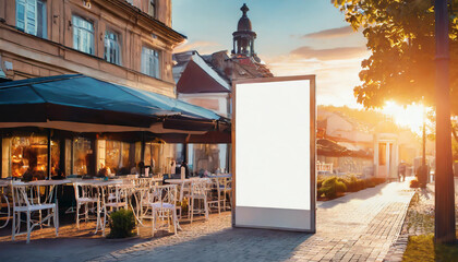 Charming outdoor café at sunset with empty advertising display in a quaint town street