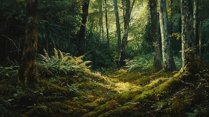 Obraz premium A vibrant painting shows a lush green forest, adorned with trees and ferns on either side, while the sun illuminates the scene from above